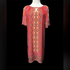 Chico's Orange Pink Geometric Print Keyhole Neck Short Sleeve Midi Dress Petite